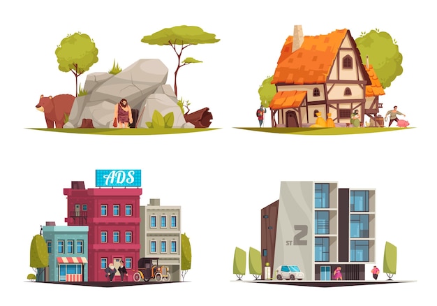 Free vector architectural style different eras housing evolution 4 cartoon compositions from stone age cave to modern buildings illustration