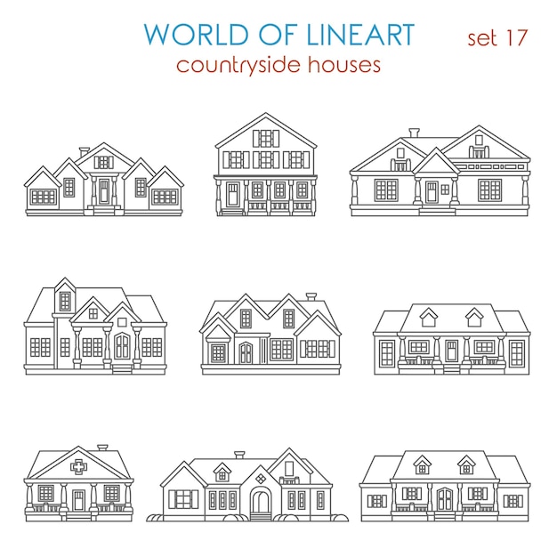 건축 시골 집 타운 하우스 알 라인 아트 스타일 세트.
