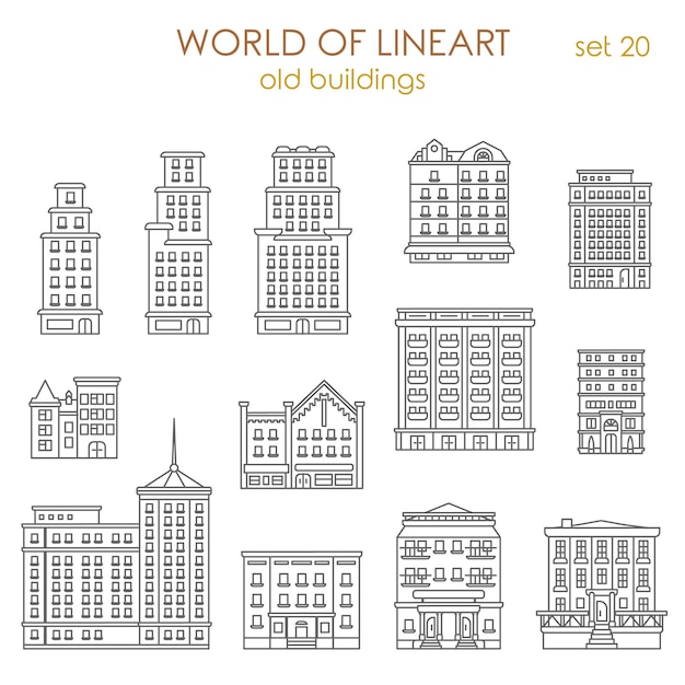 Бесплатное векторное изображение Архитектура исторические старые здания al line art style set