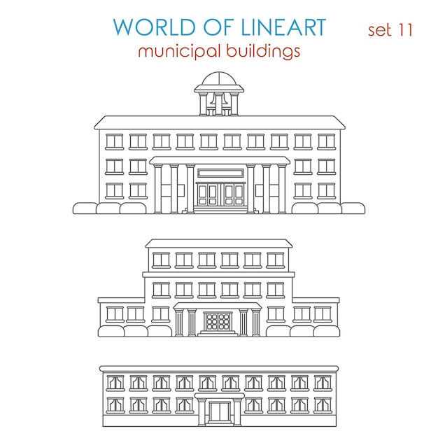 Free vector architecture public municipal government school university college library police station hospital building al line art style  set.