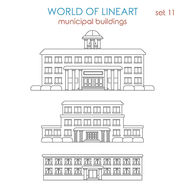 Architettura pubblica municipale scuola governativa università college biblioteca stazione di polizia edificio ospedaliero al line art style set.