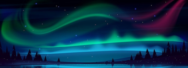 Arctic aurora borealis over night lake in starry sky polar lights natural landscape northern amazing iridescent glowing wavy illumination shining above water surface cartoon illustration