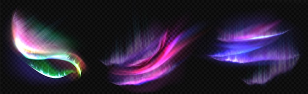 Arctic aurora borealis, polar lights, northern natural phenomena isolated. Amazing iridescent glowing wavy illumination on night sky, shining. Realistic 3d vector illustration, set