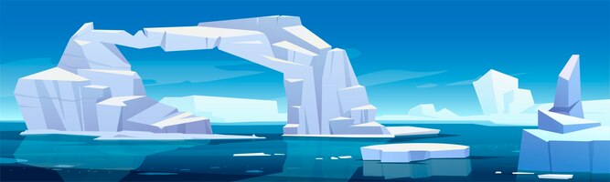 Free vector arctic landscape with melting iceberg and glaciers floating in sea. concept of global warning and climate change. cartoon illustration of polar or antarctic ice in blue ocean water