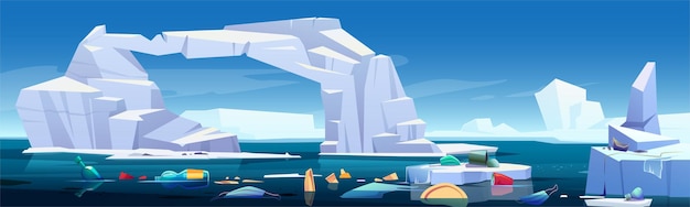 Free vector arctic landscape with melting iceberg and plastic garbage floating in sea