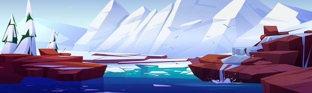 Paesaggio artico con montagne bianche, neve e ghiaccio che si sciolgono. illustrazione del fumetto vettoriale della scena della natura settentrionale con rocce innevate, abeti, fiume con ghiacciai e acqua che scorre dalle rive di pietra