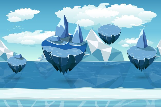 Arctic seamless cartoon landscape, endless pattern with icebergs and snow islands. Flying island landscape, nature game winter, cool interface game, panorama seamless game. Vector illustration