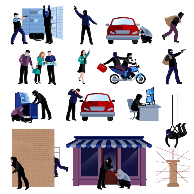 Armed burglars committing crimes flat icons set on white background isolated vector illustration