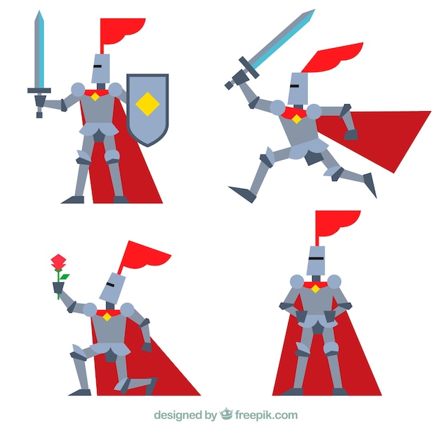 Armor knight set in different positions in flat design