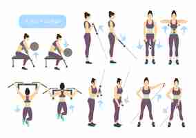 Free vector arms workout set on white background exercises for women triceps biceps strength