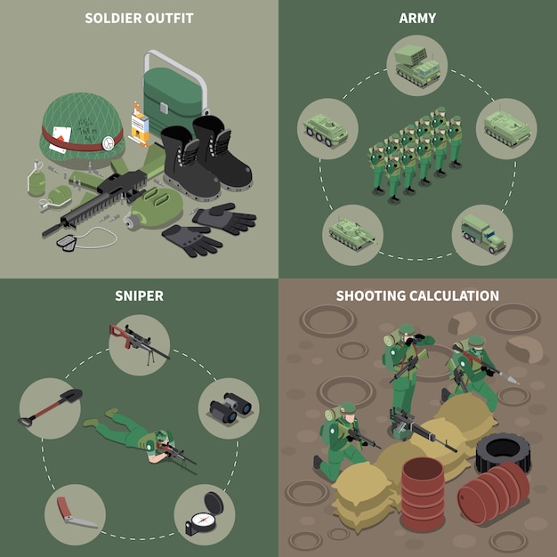 無料ベクター 射撃計算正方形アイコン等尺性の狙撃兵の衣装の軍2 x 2デザインコンセプトセット