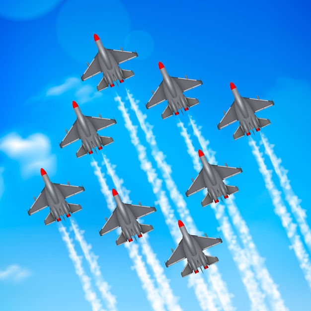 Army air force military parade jet airplanes formation condensation trails against blue sky