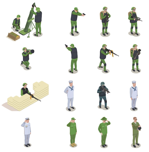 육군 군인 아이소메트릭 격리 아이콘 세트와 제복을 입은 사람들의 인간 캐릭터 세트