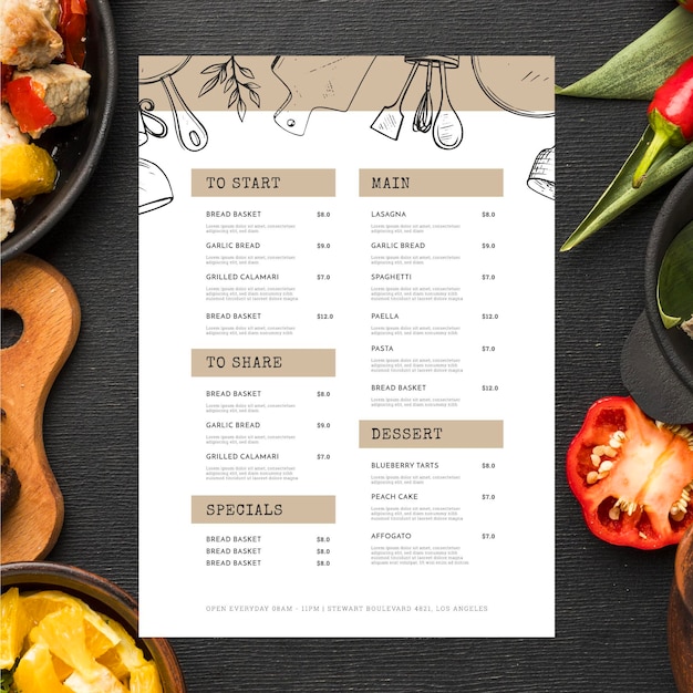 Free vector arrangement with restaurant menu and food