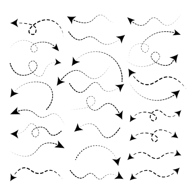 Vettore gratuito freccia disegnata a mano direzione di forma diversa linea nera set selezione doodle schizzo percorso curva