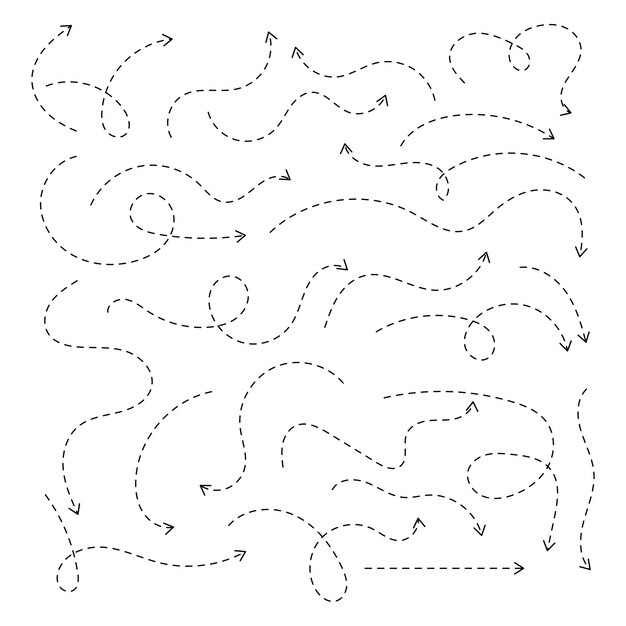 Arrow hand drawn different shape direction black line set Selection doodle sketch curve path