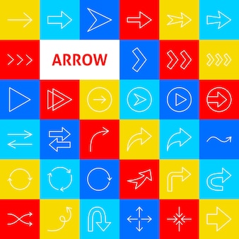 Arrow line icons. thin outline symbols over colorful squares.