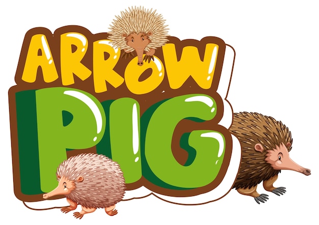 Free vector arrow pig font banner with many echidnas cartoon character isolated