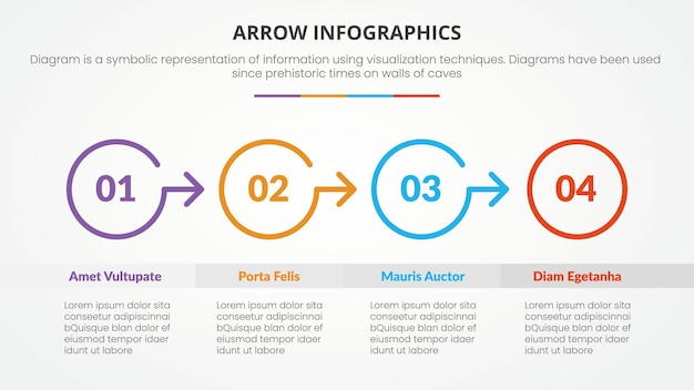 4포인트 목록이 있는 슬라이드 프레젠테이션의 원 방향이 있는 화살표 모양 인포그래픽 개념