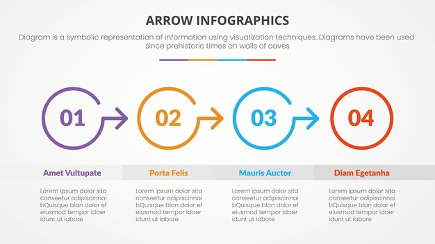 4 ポイント リストを使用したスライド プレゼンテーションの円方向の矢印形状インフォ グラフィック コンセプト