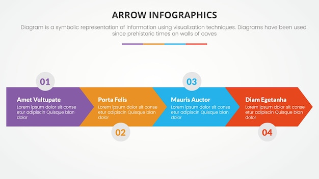 矢印スタイル インフォ グラフィック スライド プレゼンテーション テンプレート モダンなフラット スタイルの色で右方向に 4 つの矢印