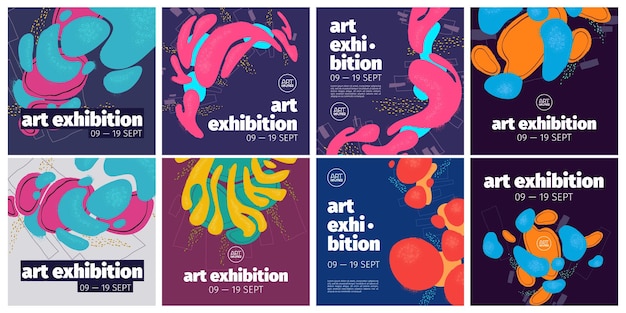 Free vector art center exhibition banners with abstract background with hand drawn fluid shapes and grunge texture vector posters of modern gallery with creative painting pattern