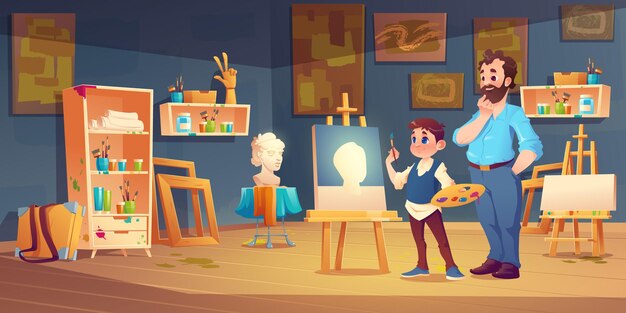 先生のサポートで絵を勉強している子供とのアートクラスのシーン