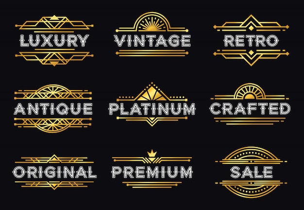 Art deco label. retro luxury geometric ornaments, vintage ornament frame and hipster decorative lines labels illustration set