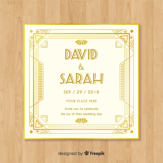 Art deco wedding invitation template design with golden elements