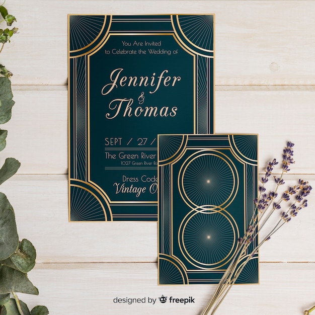 Free vector art deco wedding invitation