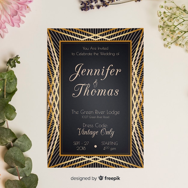 Free vector art deco wedding invitation