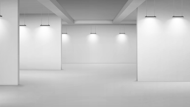 Free vector art gallery empty interior, 3d room with white walls, floor and illumination lamps. museum passages with lights for pictures presentation, photography contest exhibition hall