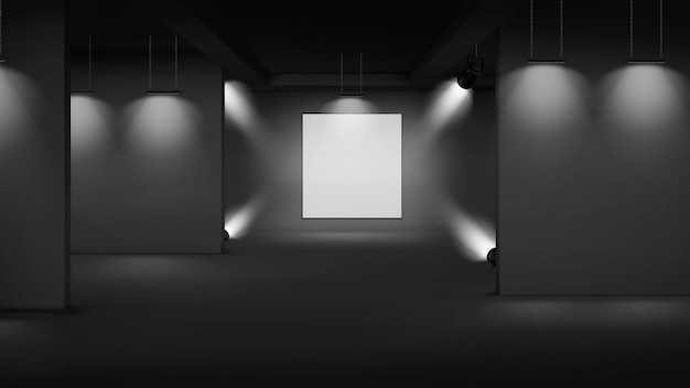 Free vector art gallery empty interior with picture in center, illuminated with spotlights