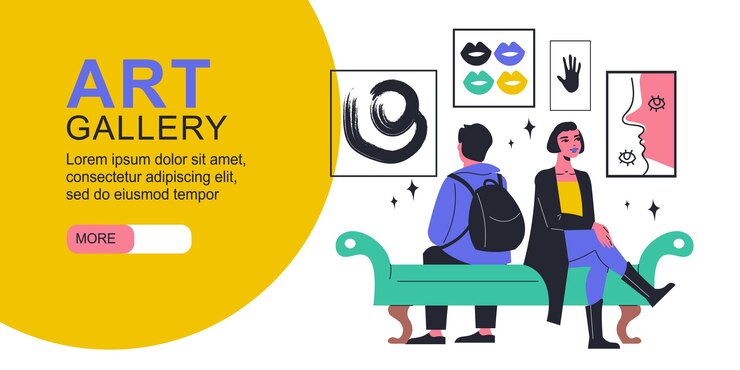 Free Vector art gallery horizontal banner with young people sitting on bench for visitors and looking at exposit objects flat vector illustration