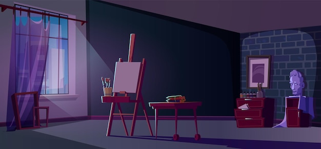 Free vector art paint room studio interior with easel at night