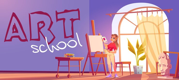 Free Vector art school cartoon banner. artist girl at easel paint flower. painter young woman in teenage clothes holding pencil and sketchbook with rose blossom sketch. workshop studio class vector illustration
