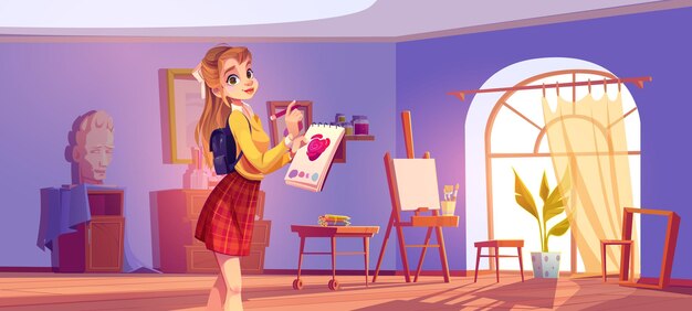 Art school cartoon banner. Artist girl at easel