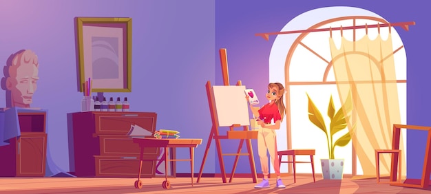 Art school cartoon banner. artist girl at easel