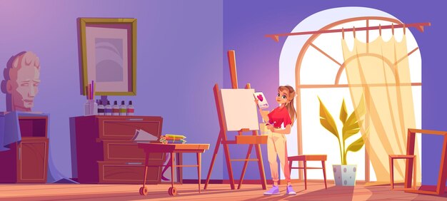 Art school cartoon banner. Artist girl at easel