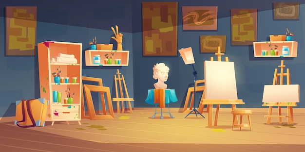 棚のバストにイーゼルの絵の具とブラシ、壁に絵のあるアートスタジオの教室