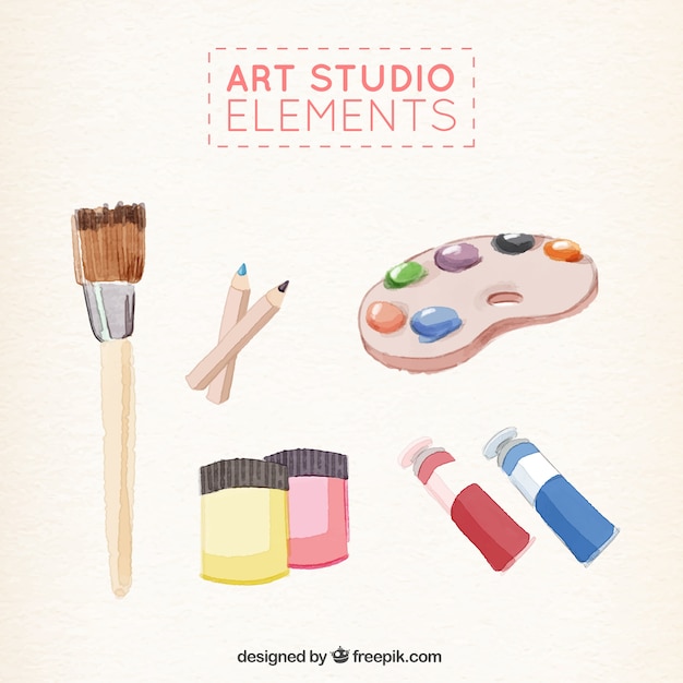 Free vector art studio elements painted with watercolors