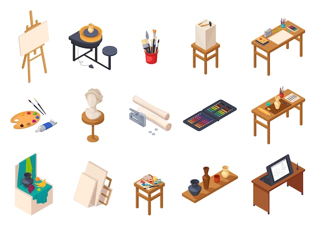 Free vector art studio isometric interior elements collection with isolated painting equipment desks tables shelves with training samples vector illustration