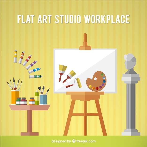 Free vector art studio with canvas  in flat design