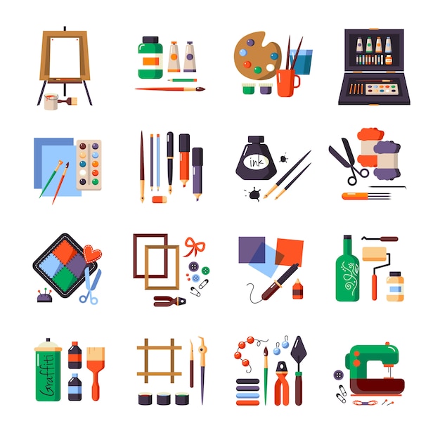 Free vector art tools and materials icon set for painting