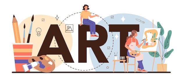 Art typographic header Professional illustrator in front of big easel or screen holding a brush and paints Idea of creative people and profession Flat vector illustration