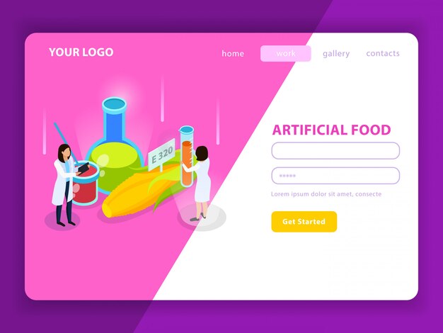 Artificial food with synthetic additives isometric web page with user account on white pink