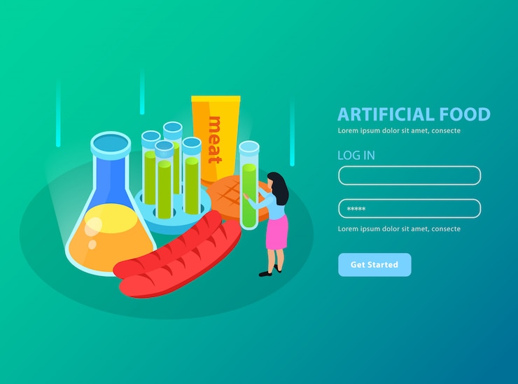 Free Vector artificial foods genetically modified meat products and chemical equipment on gradient turquoise  isometric