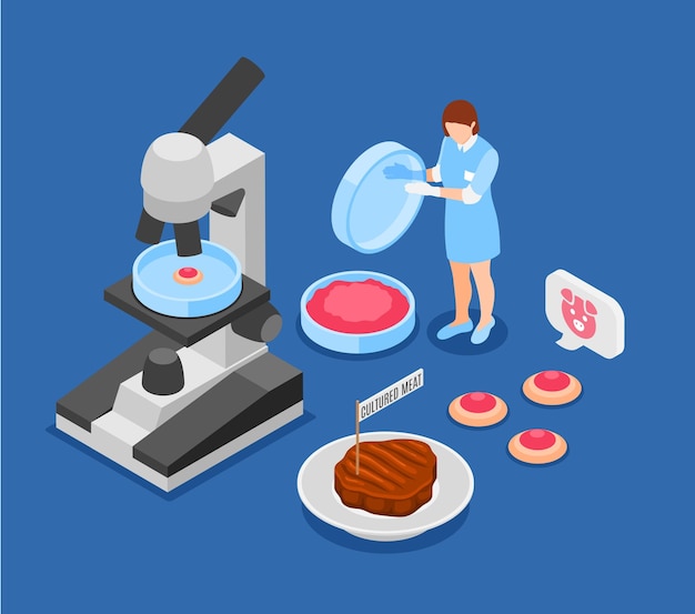 Free vector artificial grown meat blue background with researcher examining beef steak made from animal cells isometric vector illustration