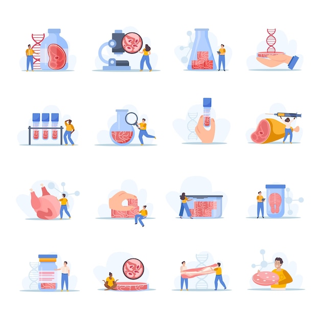 Free vector artificial grown meat set of flat isolated icons with microscopes test tubes food and human characters vector illustration