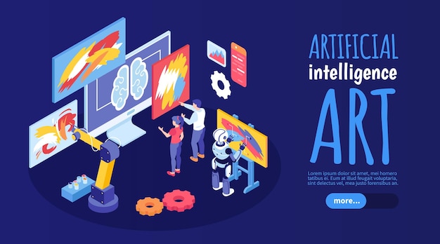 Free vector artificial intelligence art horizontal banner with creative robots painting abstract pictures isometric vector illustration